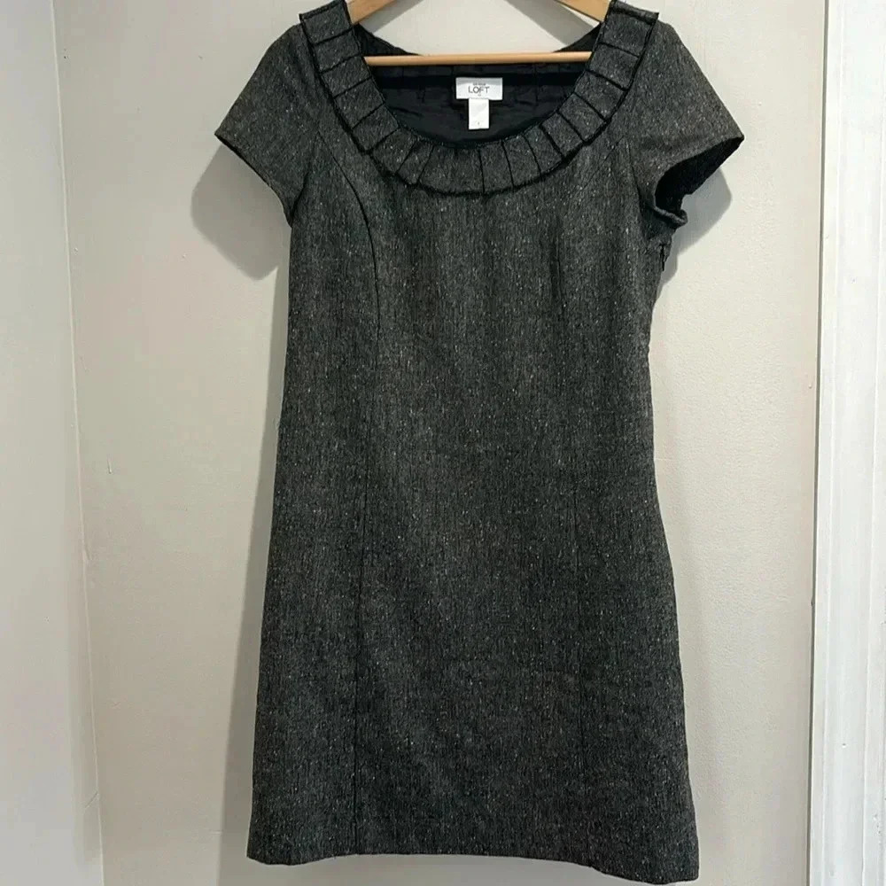 LOFT Charcoal Pleated-Neck Tweed Mini Dress